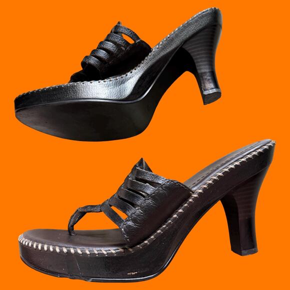 00's vintage dark brown leather platform y2k thong flip flops Size 8.5 *flaws* - Picture 3 of 9